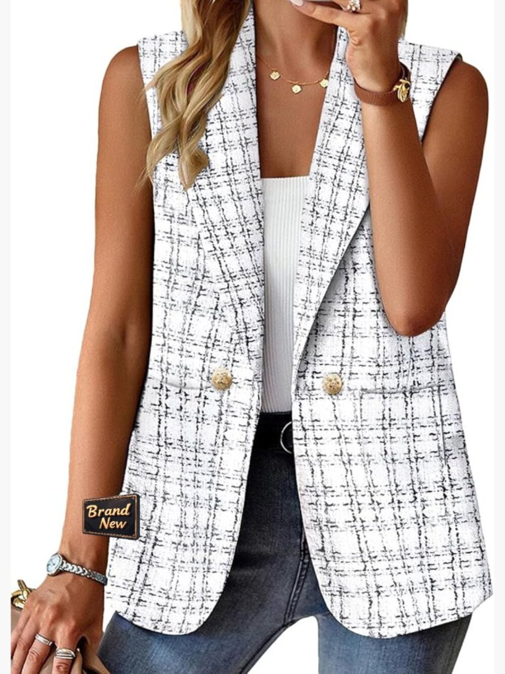Sleeveless Tweed Blazer Vest - Business Casual Work Office Top with Pockets